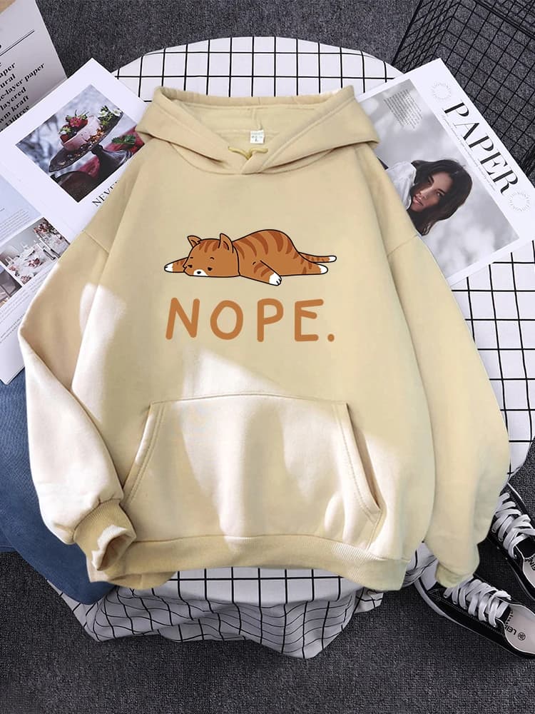 Felpa con cappuccio da donna Sleeping Cat Nope Stampa Felpe Moda femminile Maglione oversize Inverno Conciso Divertente Animale Lady Manica lunga