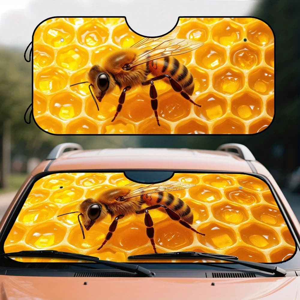 1pc Vibrant Honeycomb Bee Sunshade For Car Windshield - Realistic Polyester Print, Heat & UV Protection, Fit For Cars, Trucks, S