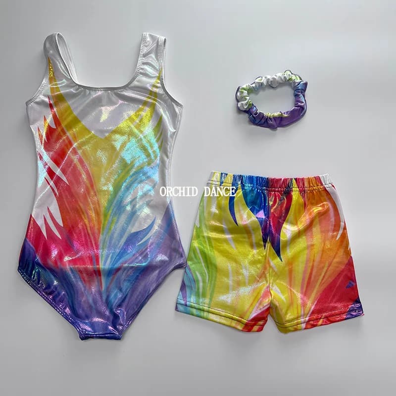 Hot Sale High Quality Sublimation Printed Shiny Spandex Tank Sleeveless Kids Girls Gymnastics Leotards with Shorts
