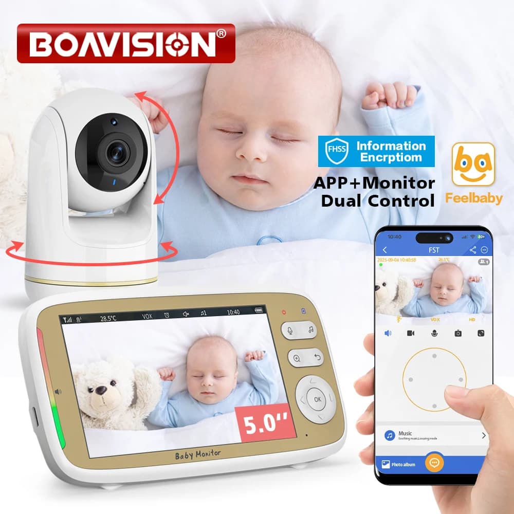 Baby monitor wireless da 5 '' Telecamera PTZ con zoom 3X APP Feelbaby e monitor LCD IPS a colori Telecamera di sicurezza a doppio controllo BabySitter