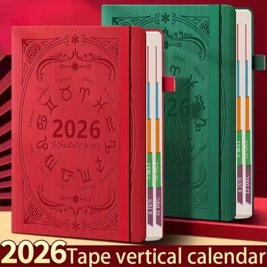 2026 A5 Textured PU Leather Planner, Portable English Calendar Notebook, Daily Agenda & Reminder Notepad for Desktop Use