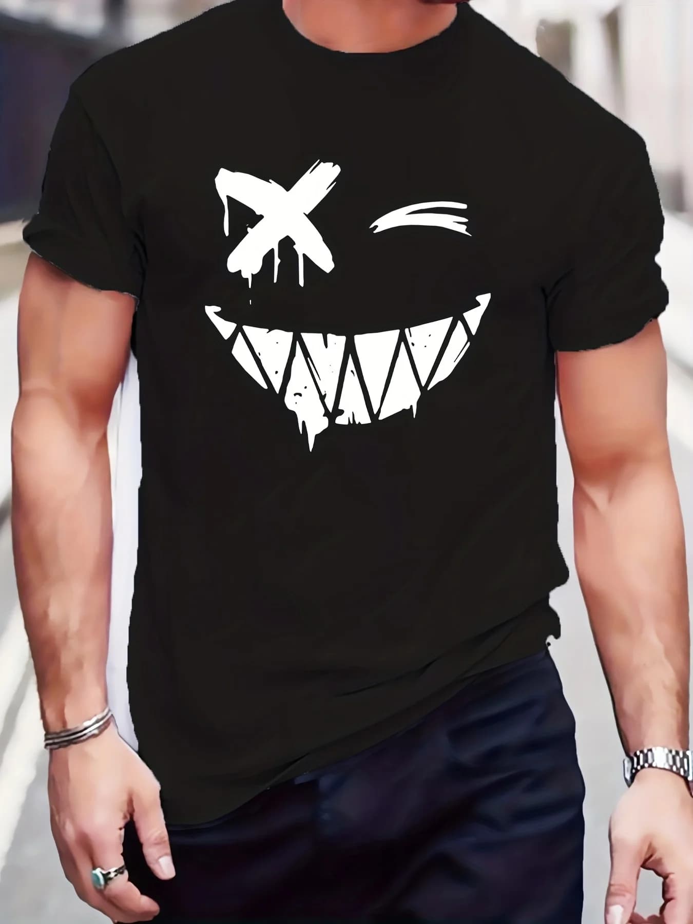 T-shirt da uomo estiva 100% puro cotone alla moda sportiva casual allentata volto sorridente modello stampa girocollo a maniche corte