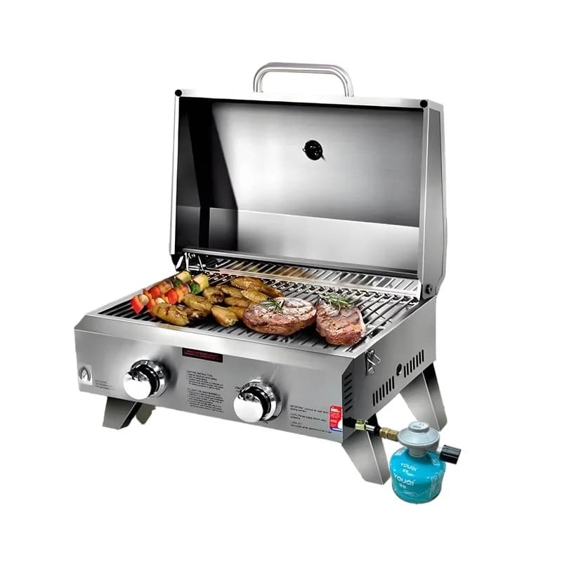 Griglia a Gas Portatile in Acciaio Inox a 2 Fuochi - Fornello da Campeggio per Barbecue all'Aperto e Uso in Picnic