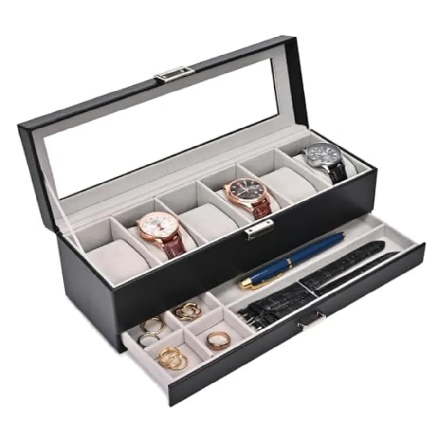 Watch Box, 6 Slot Watches Display Case with Drawer, Mens Watch Case with Glass Lid, 2-Layer Mens Jewelry Organizer Storage Hold