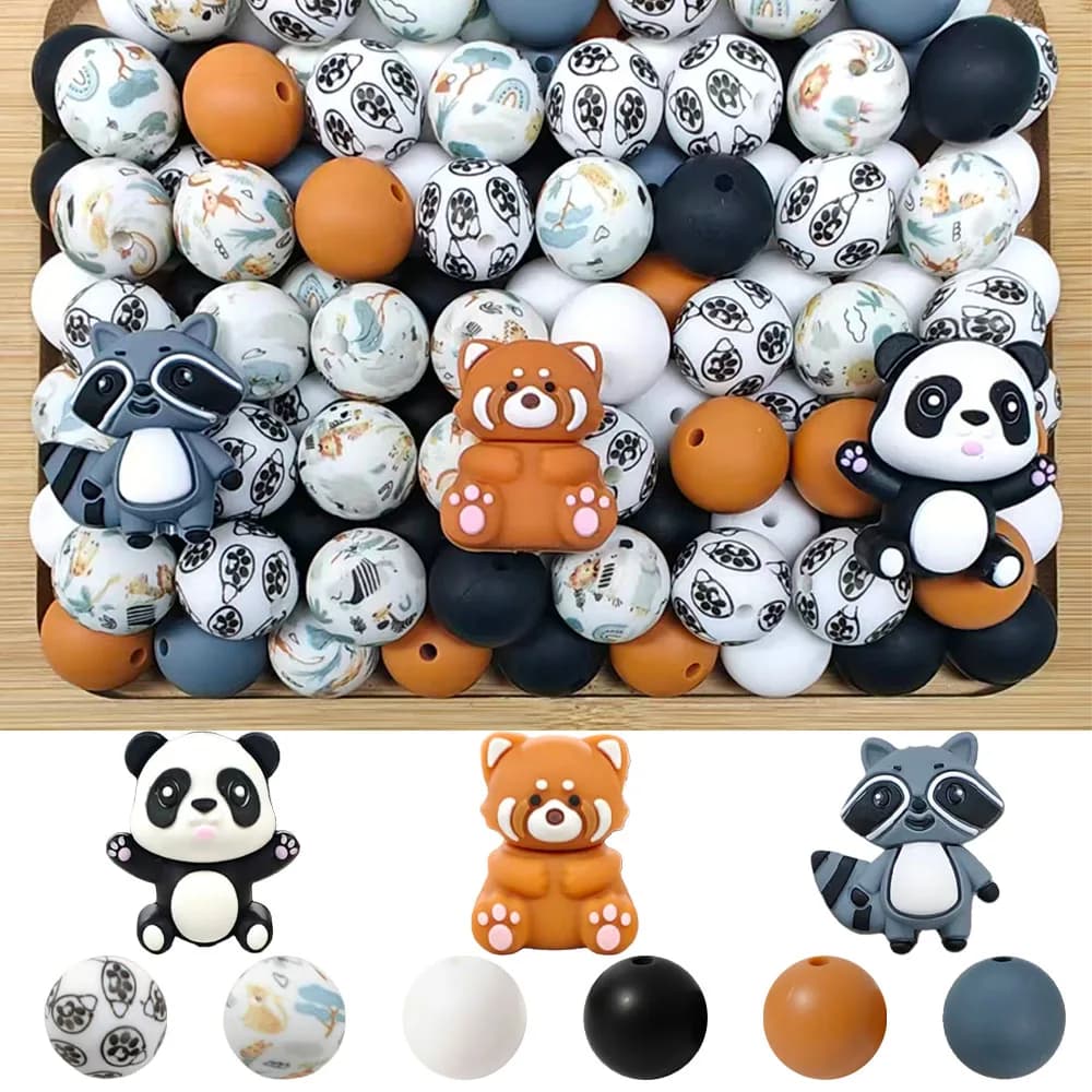 25/53 pezzi set di perline in silicone animale panda procione, perfetto per l'artigianato fatto a mano fai da te come portachiavi, collane, bracciali, ecc.
