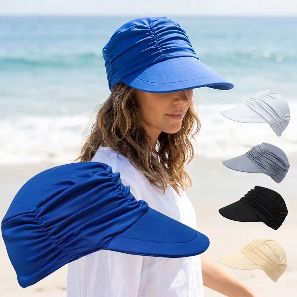 Cappello da Sole Donna a Tesa Larga con Protezione UV, Visiera Rinfrescante Elastica, Design Plissettato, Cinturino Regolabile, Berretto Estivo da Baseball per Nuoto