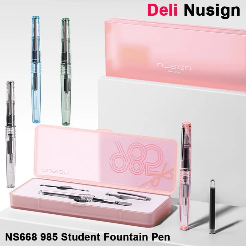 New Nusign Student Fountain Pen Set with PP Pencil Case 985 EF Fine Nib 2 Ink Refilling Mode Calligraphy Pens Quality Stationery