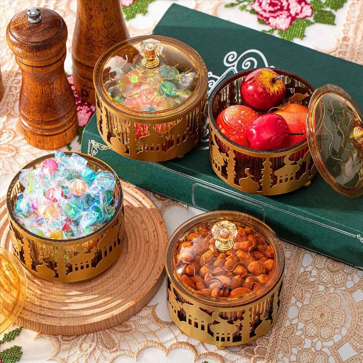 A24I Set di 4 Vassoi Ramadan con Coperchio, Vassoio Dorato Eid Mubarak, Piatto Ramadan, Decorazioni Ramadan, Contenitore per Alimenti Ramadan