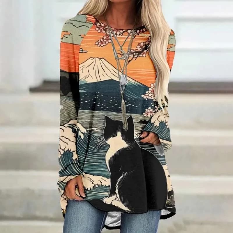 Women's Japanese Mount Fuji Ocean Cat Art Long Sleeved Tunic 3D All Over Printed Women's Round Neck Long Sleeved T-Shirt