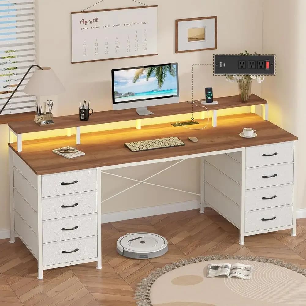 Scrivania da Gaming con 60 LED, Cassetti in Tessuto, Prese di Corrente e Supporto Monitor - Marrone e Bianco