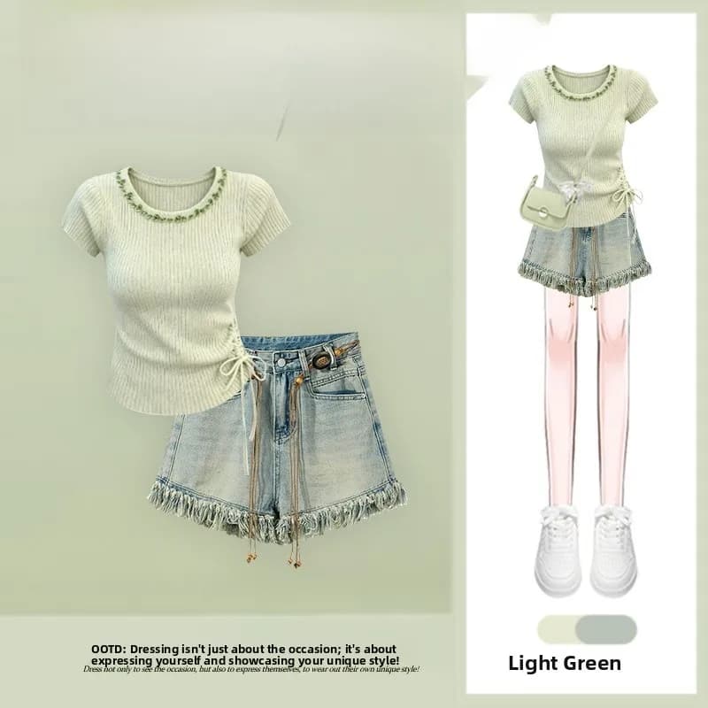 Summer 2026 Gentle Wind Drawstring Waist Slimming Short Sleeve Top And High Waist Casual Shorts Two Piece Set Women's Fashion