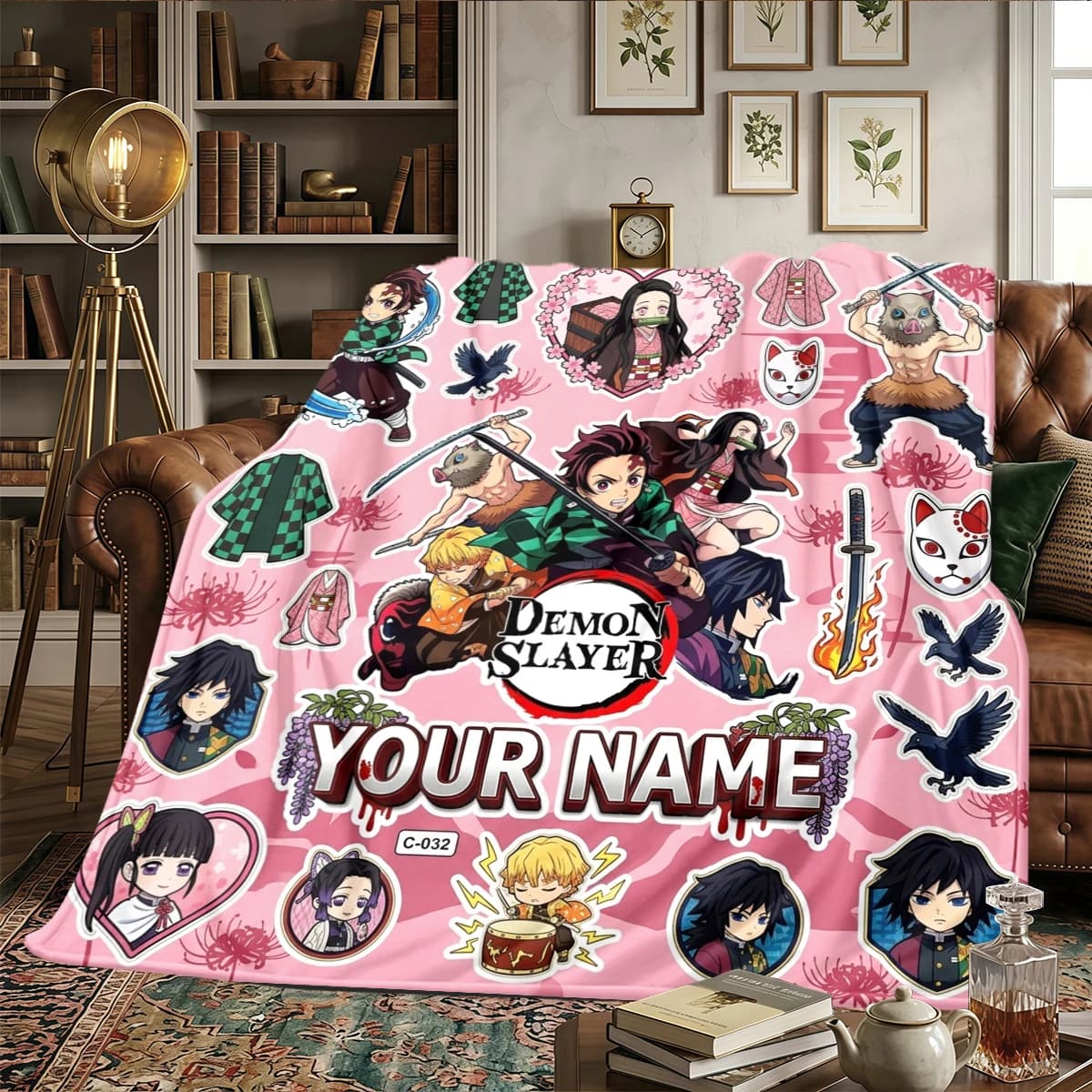 Name Custom Demon Slayer Kimetsu no Yaiba Flannel Blanket Print - Warm Cozy, For Bedroom,Sofa,Bed,Chair,Picnic,Travel -HE32