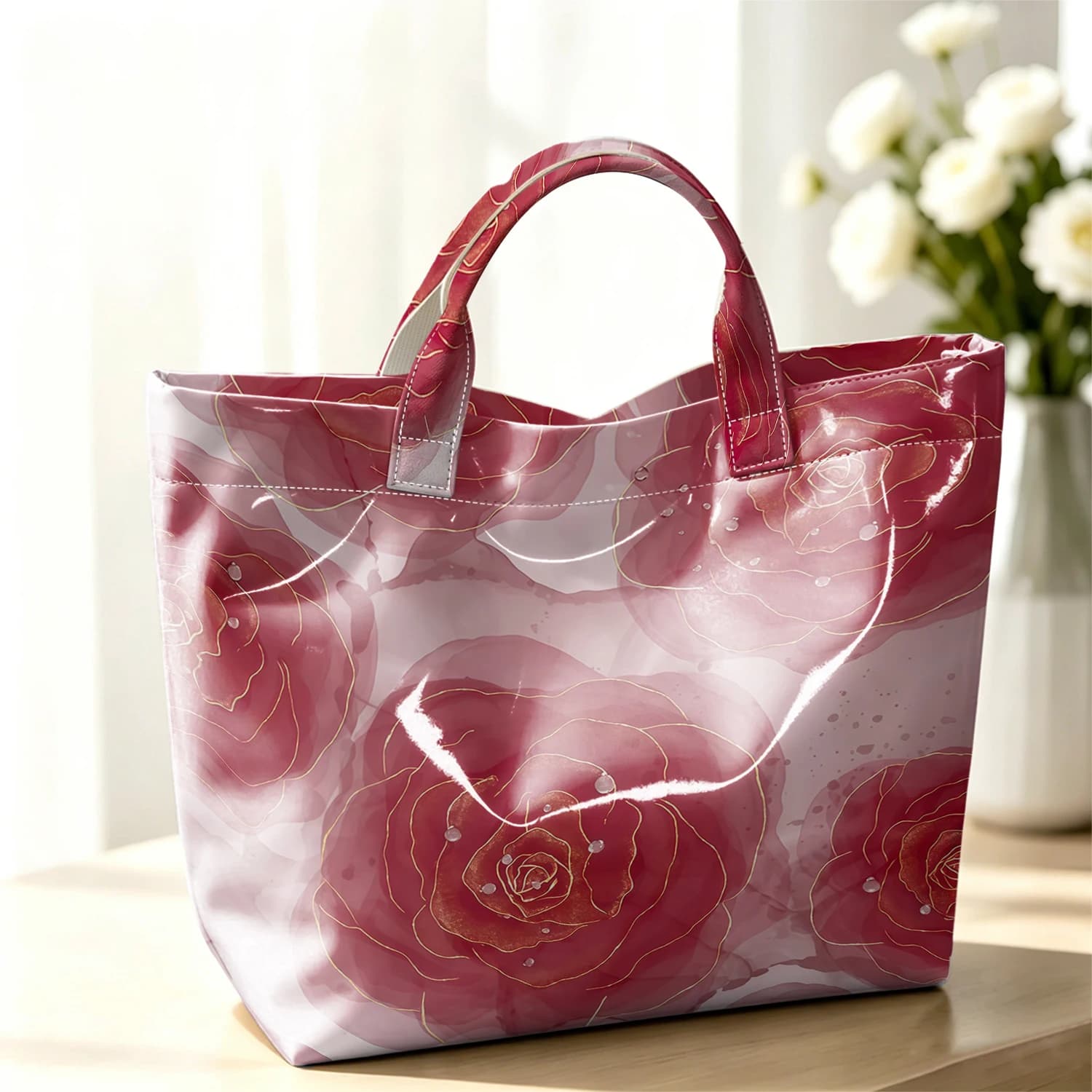 Gold Lined Roses Fashion Large Glossy PVC Tote Bag Hand Washable Waterproof Perfect Travel Commute Cosmetic Storage Shopper