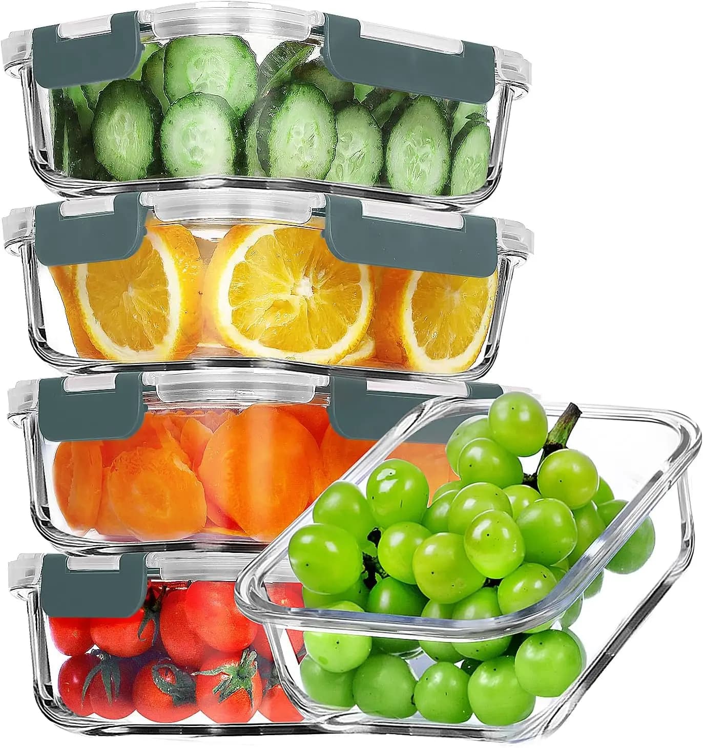 Set di 5 Contenitori in Vetro da 36oz per Preparazione Pasti, Coperchi Ermetici, Senza BPA, Adatti per Microonde/Forno/Congelatore/Lavastoviglie, Grigio