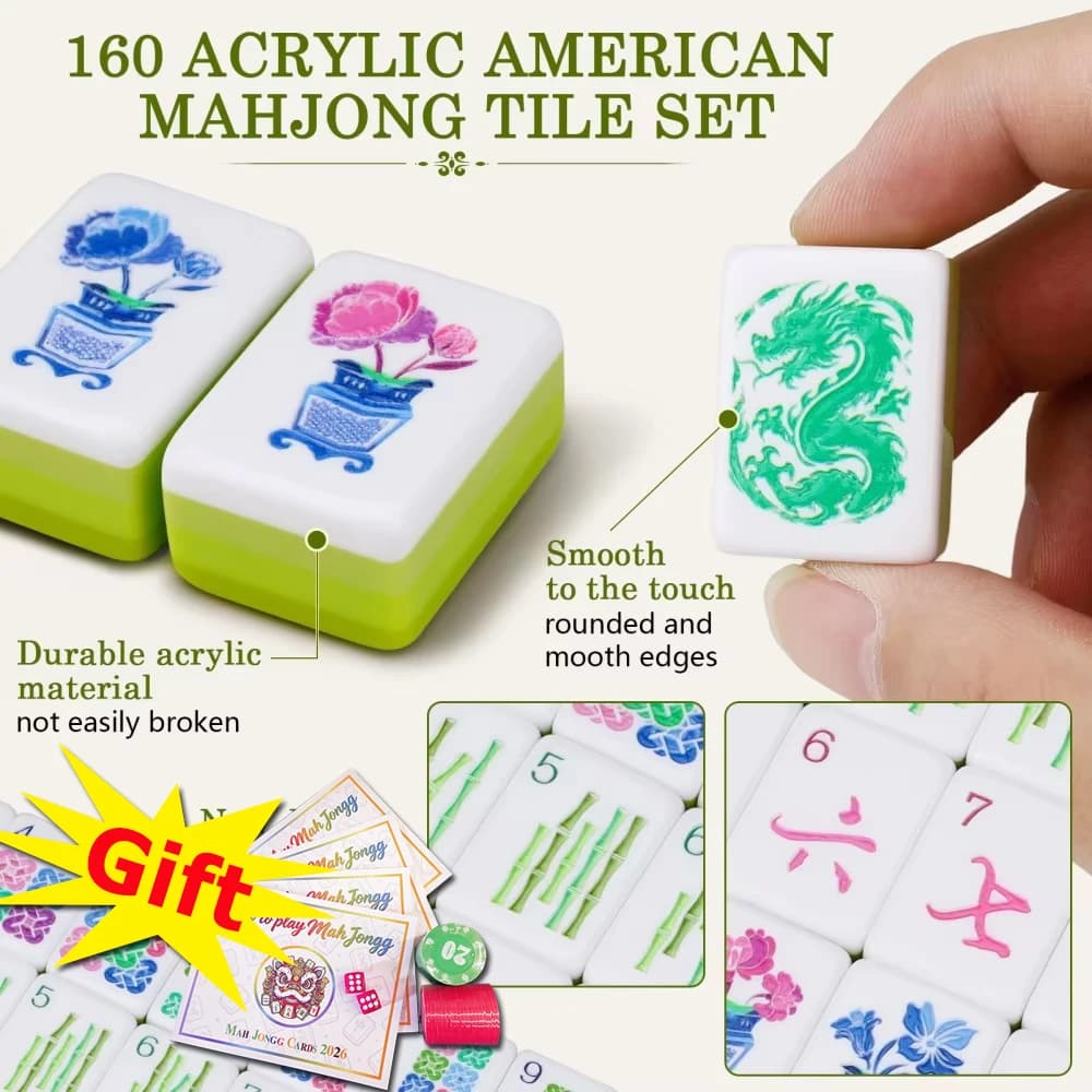 4-Layer Acrylic American Mahjong Set Luxury Engraved Mahjong Tiles Light Green Travel Mah Jongg Sets for Adult Party Board Games