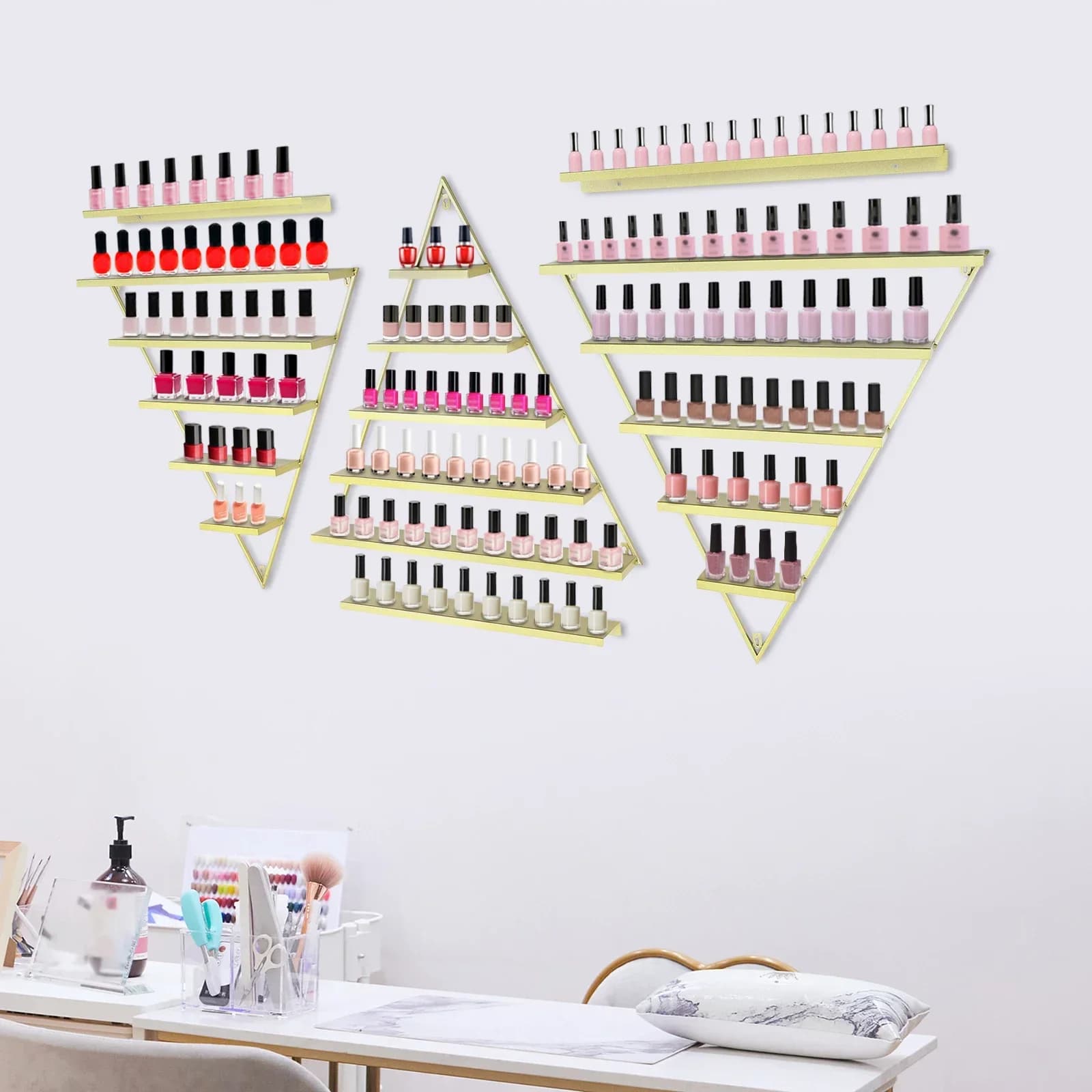 Elegant Golden Wall Display for Smalts - Set of 6 Triangular Mensoles for Cosmetics and Bottles of Essential Oils (Gold)
