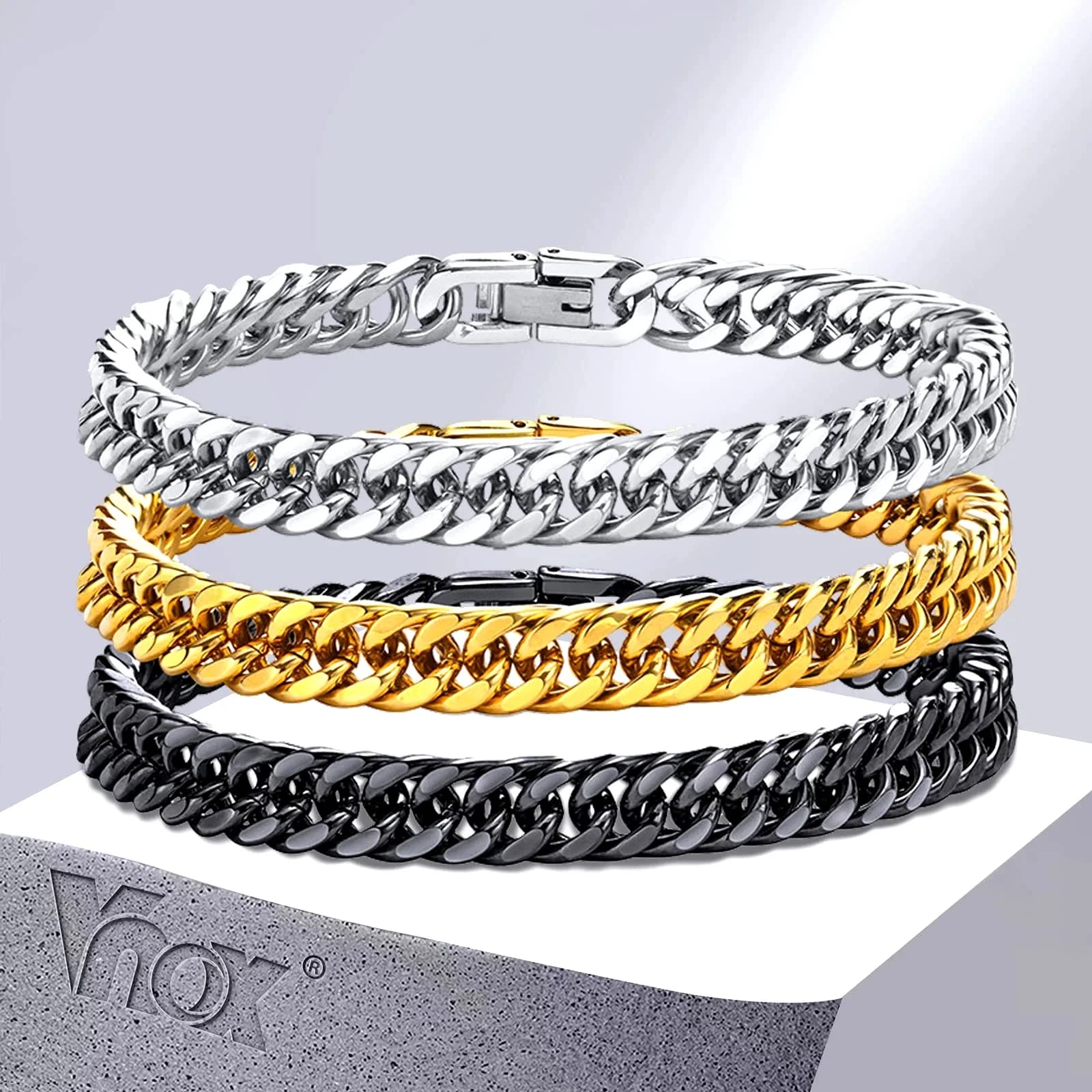 Vnox Men's Stainless Steel 7/8/9/10/12/15MM Link Chain Miami Cuban Bracelets for Male Boys Jewelry, 19cm/21.5cm, Gift for Dad