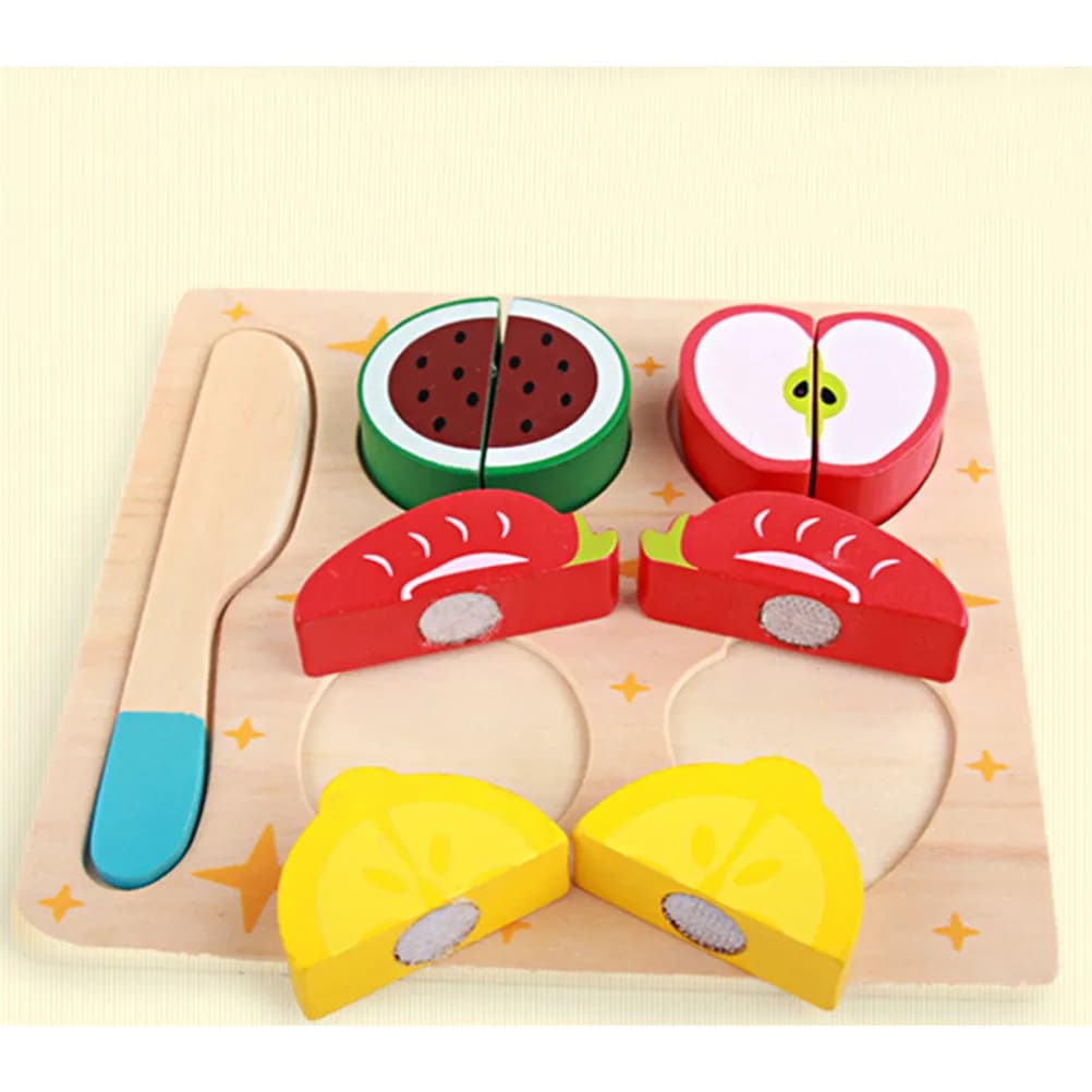 1Set Fruit Recognition Wooden Cutting Set Realistic Kitchen Puzzle Board for Kids Early Learning Motor Skills Fruit Toys Set