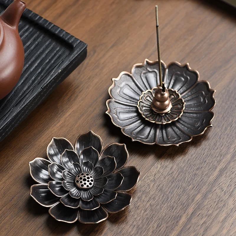Antique Bronze Lotus Incense Holder, Dual-Use Gourd Incense Tray, Multi-Function Stick & Coil Incense Censer Accessory