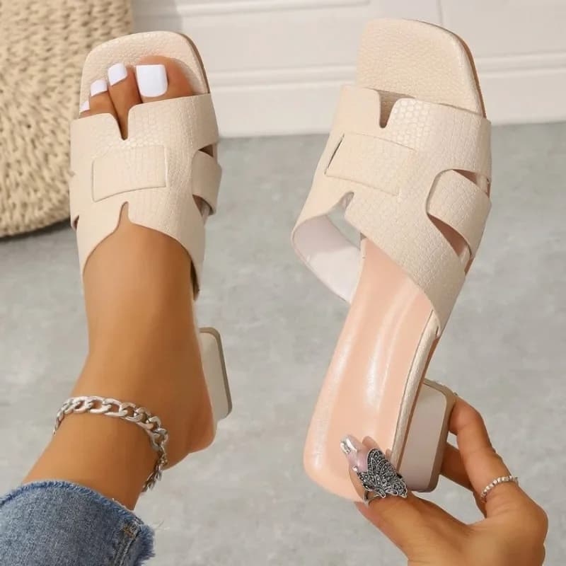 Sandali con tacco grosso da donna, tacchi Slip-On con punta aperta quadrata alla moda, eleganti sandali bianchi da sposa