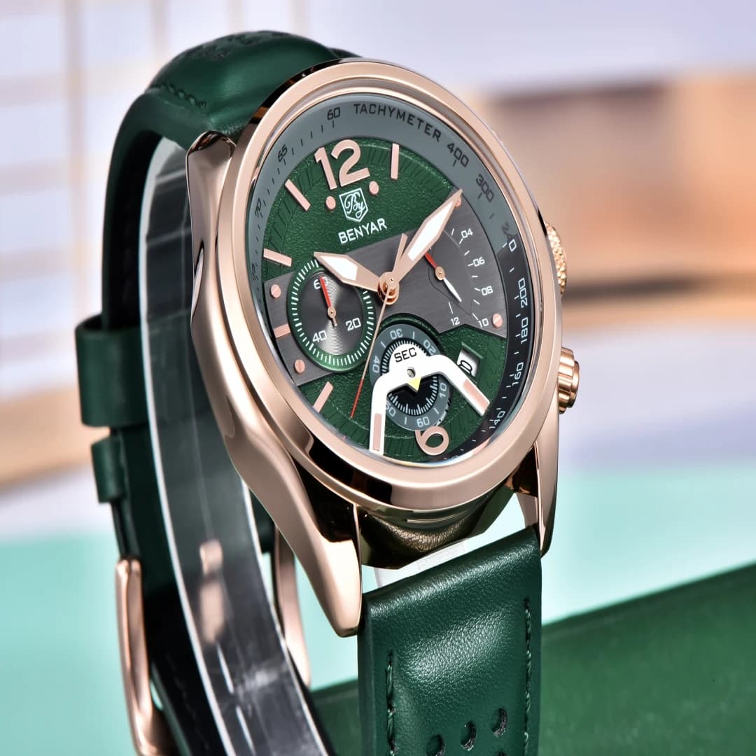 BENYAR 5171 Orologio da Uomo al Quarzo con Cinturino in Pelle, Calendario Luminoso, Cronografo, Stile Sportivo Militare, Impermeabile