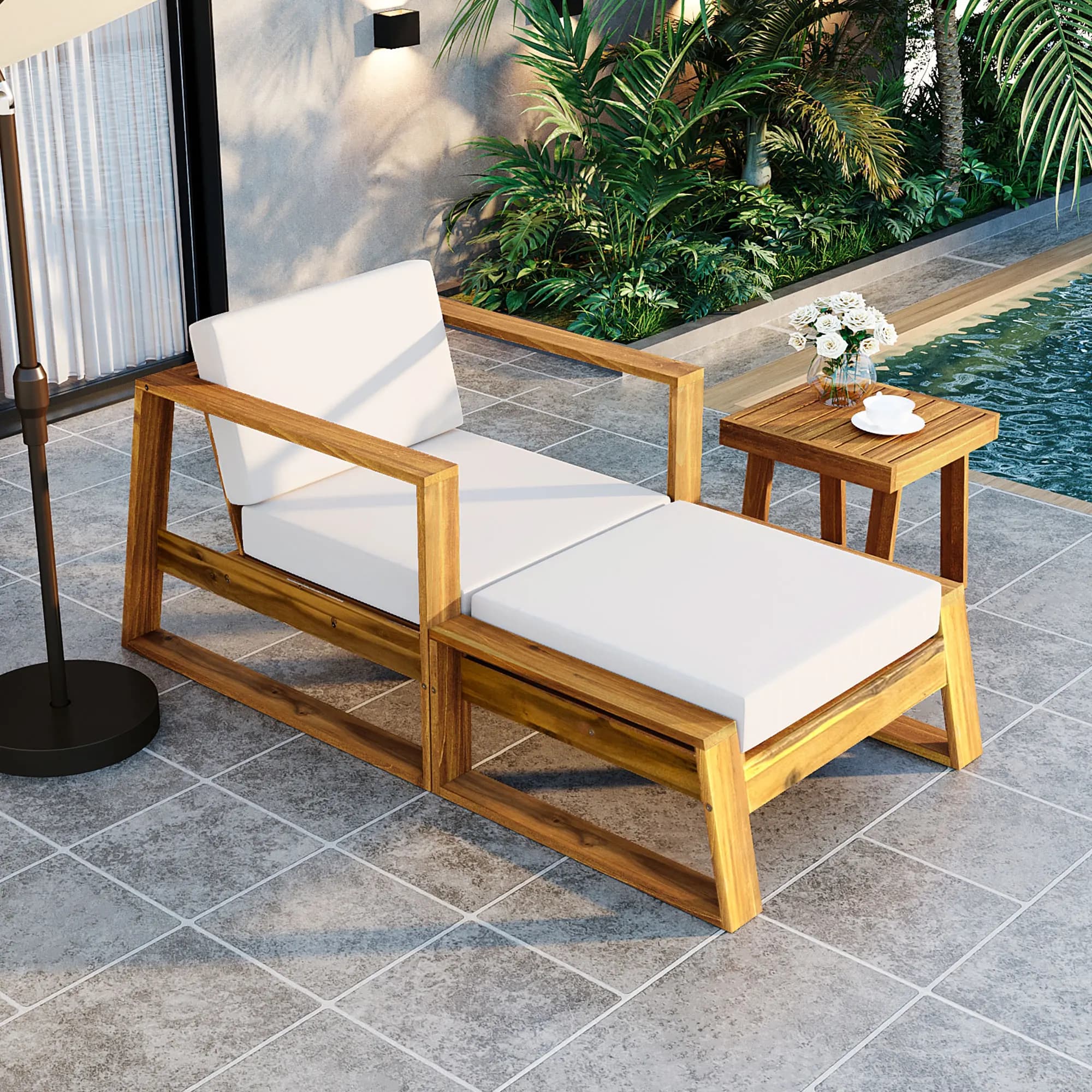 # U_STYLE Set Lounge da Esterno in Legno di Acacia per Tutte le Stagioni, con Poltrona, Pouf e Cuscini Rimovibili, Chaise Longue/Lettino da Giorno per Patio e Giardini