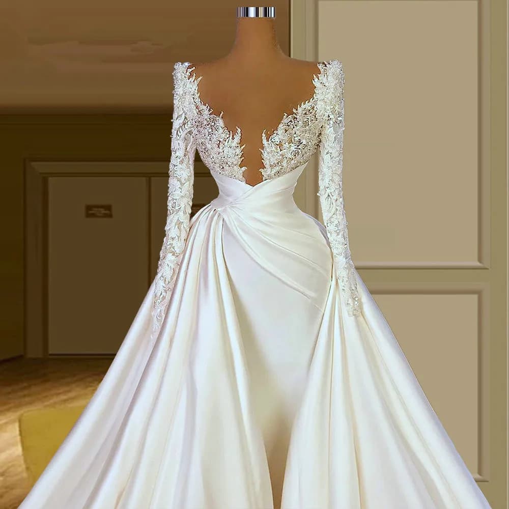 Abito da sposa elegante a maniche lunghe 2023 Abiti da sposa con perline in raso con scollo a V profondo Abiti di lusso su misura