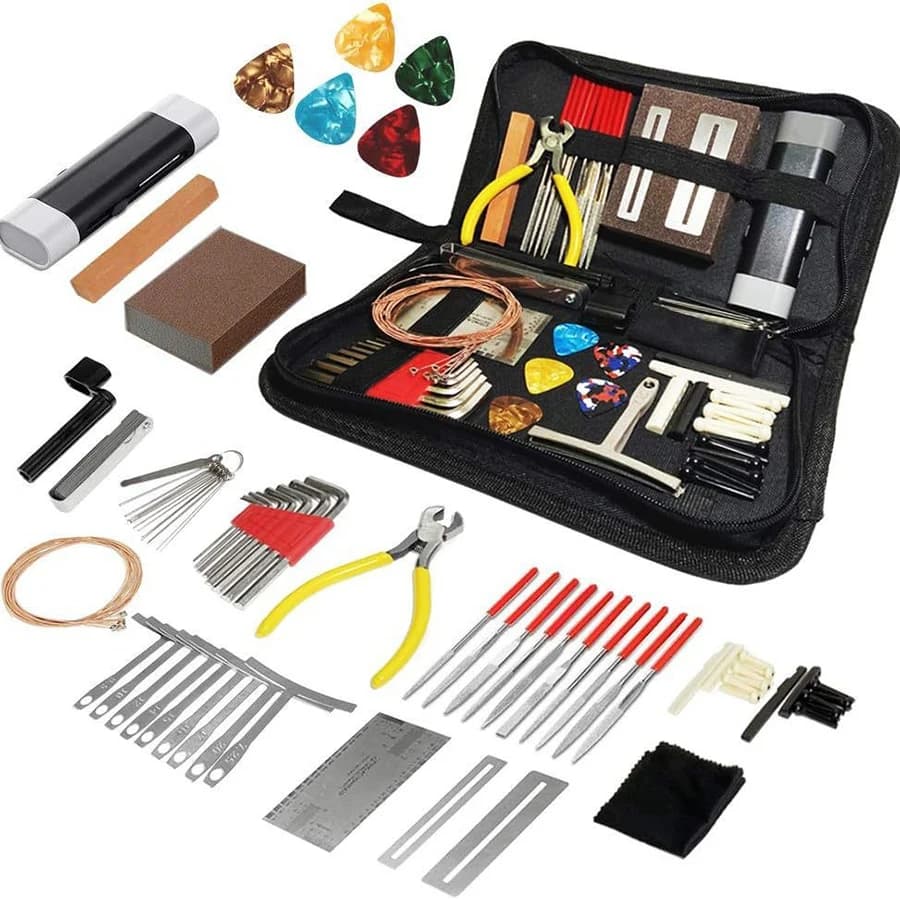 25/30 in 1 Kit di attrezzi per chitarra Set Cassetta degli attrezzi per riparazione chitarra multifunzionale Parti per chitarra Cassetta degli attrezzi di ricambio Picks String Fibbia fissa