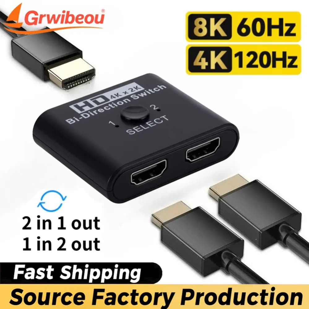 Splitter HDMI 1x2/2x1 compatible 8K 60Hz two-way 2 in 1 output for PS3/4 TV Box Switcher Adapter