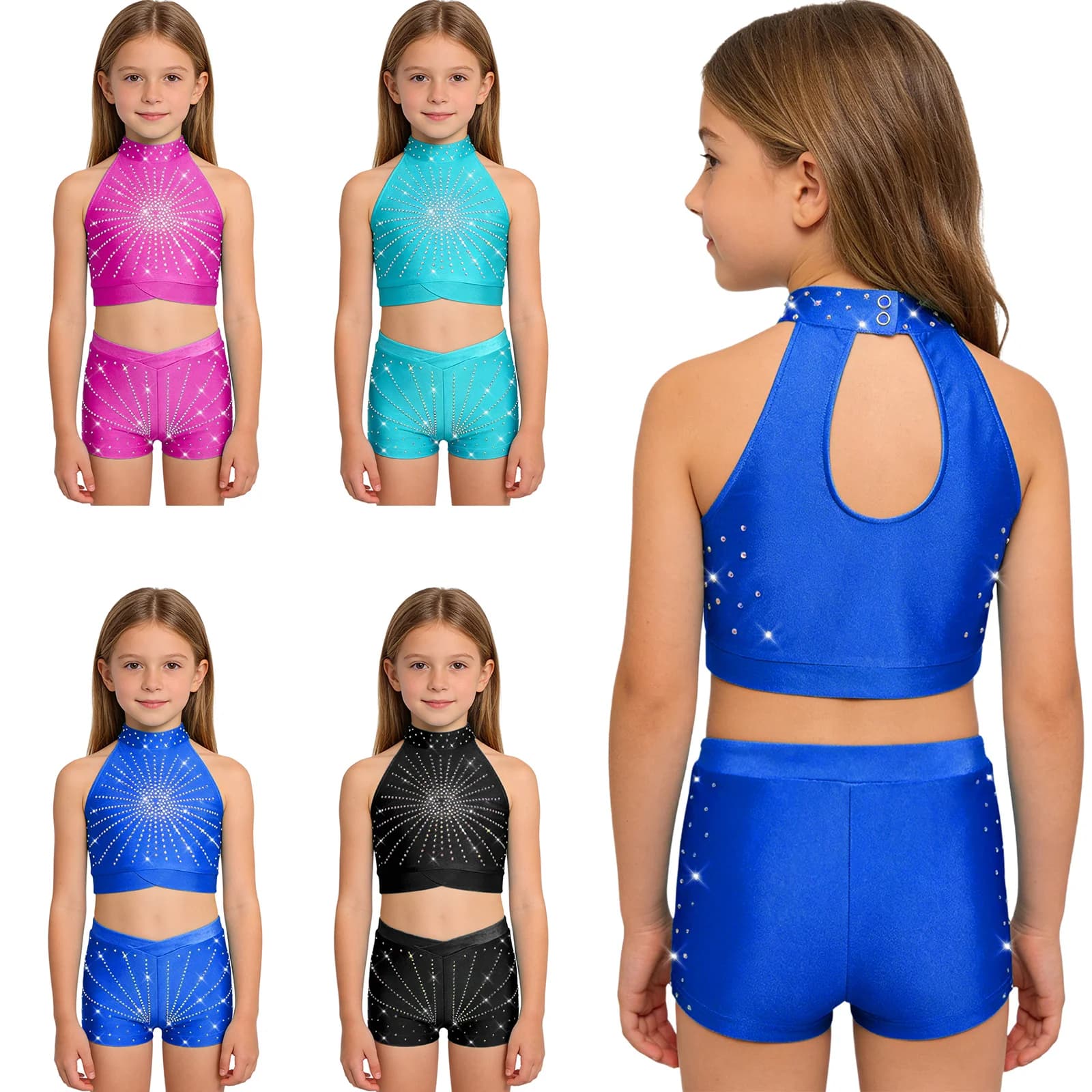 Completo da Ginnastica Ritmica per Bambine, Set per Pattinaggio Artistico e Danza, Top Corto Senza Maniche con Strass e Pantaloncini