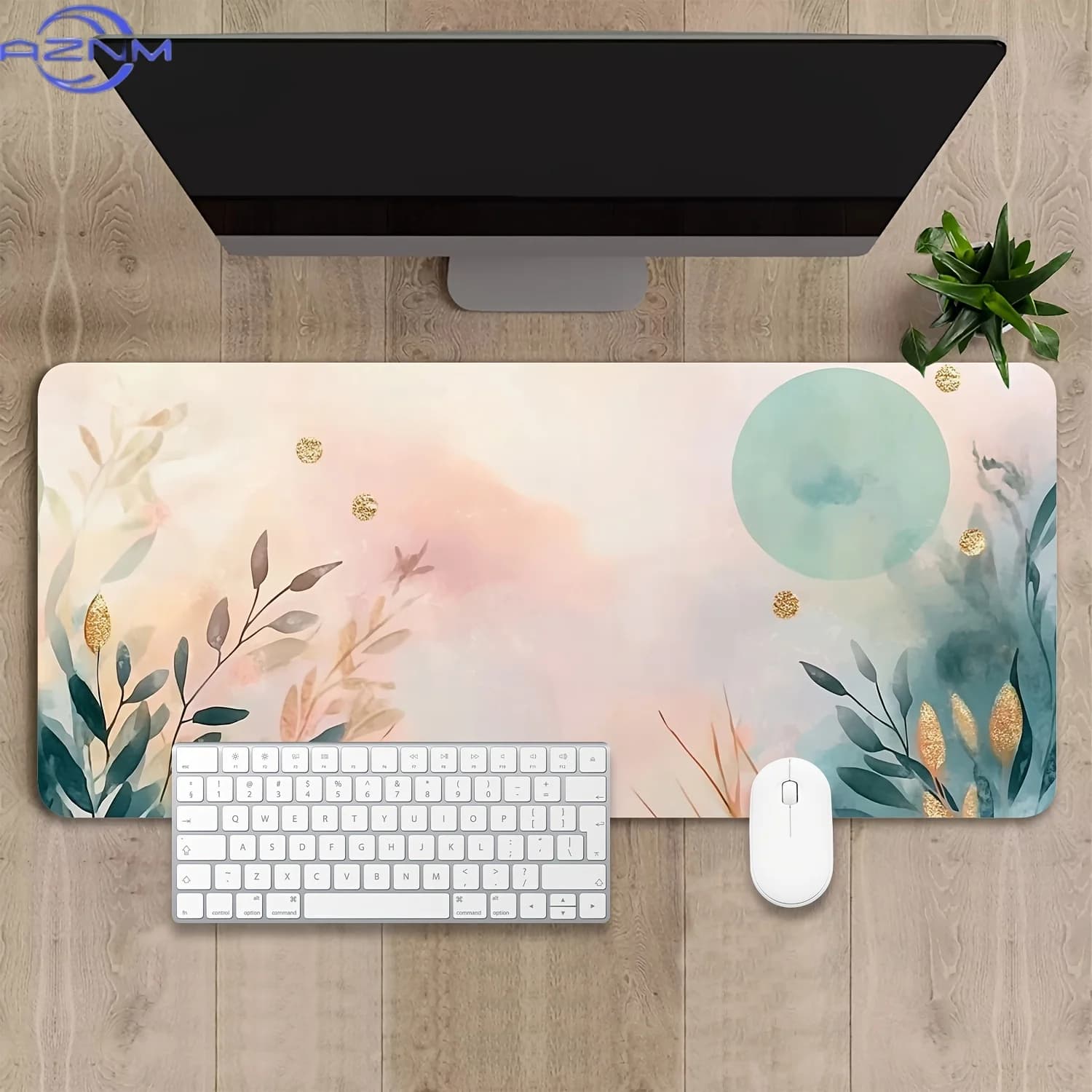 [Ideal Present] Oversized Watercolor Moon And Foliage Desk Pad - Anti-Slip Rubber Bottom, Trendy Mouse Pad For Office And Gaming