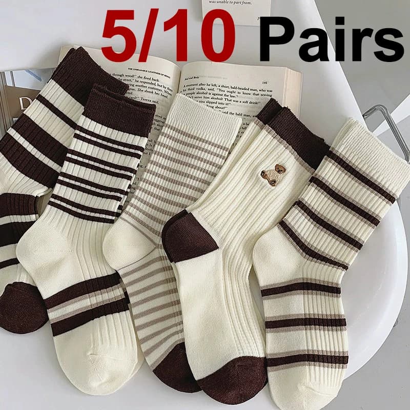 5/10 Pairs Women Striped Mid Tube Socks Retro Coffee Cartoon Print Soft Comfortable Sweat Absorbing Breathable Leisure Socks