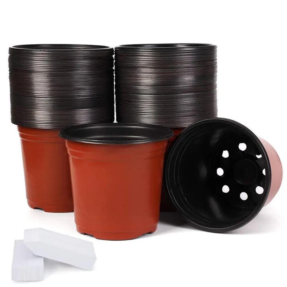 Pack of 100 Vases in Plastic 6 Inches with 100 Labels, Containers for Plants and Flowers, Vases for Semina