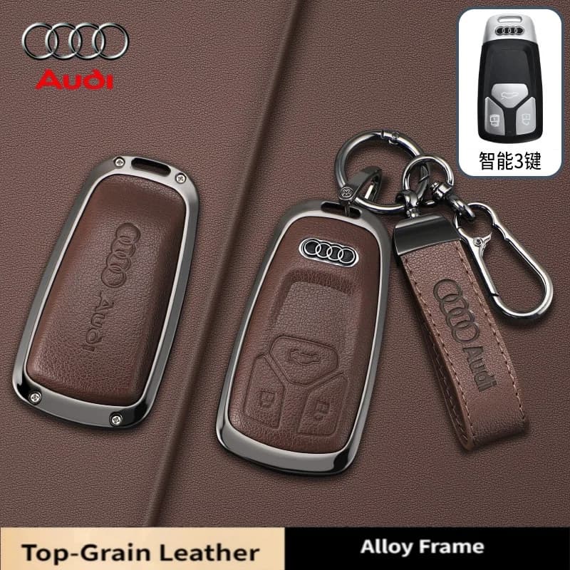 Guscio Protettivo in Lega di Zinco e Pelle per Chiave Auto con Telecomando per Audi A4 A4L Q5 Q5L A3 Q7 TT TTS 8S B9 2023 2024, Portachiavi Accessori Auto