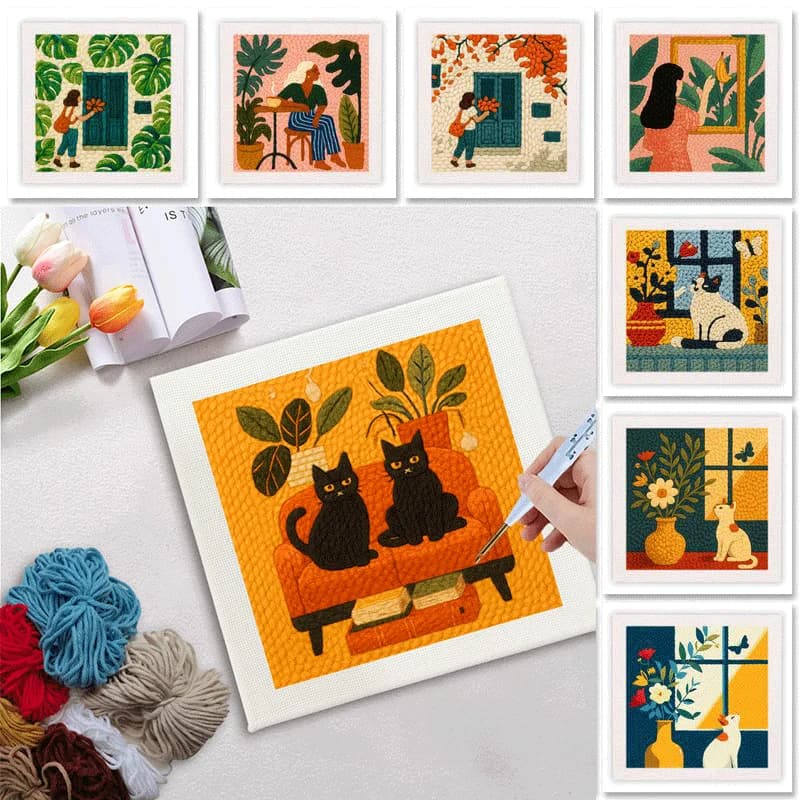 25x25cm Diy Needle Punch Kit Arts and Crafts Embroidery Starter Kit Landscape Punch Needle Kit Animal Patterns DIY Art Kits Gift