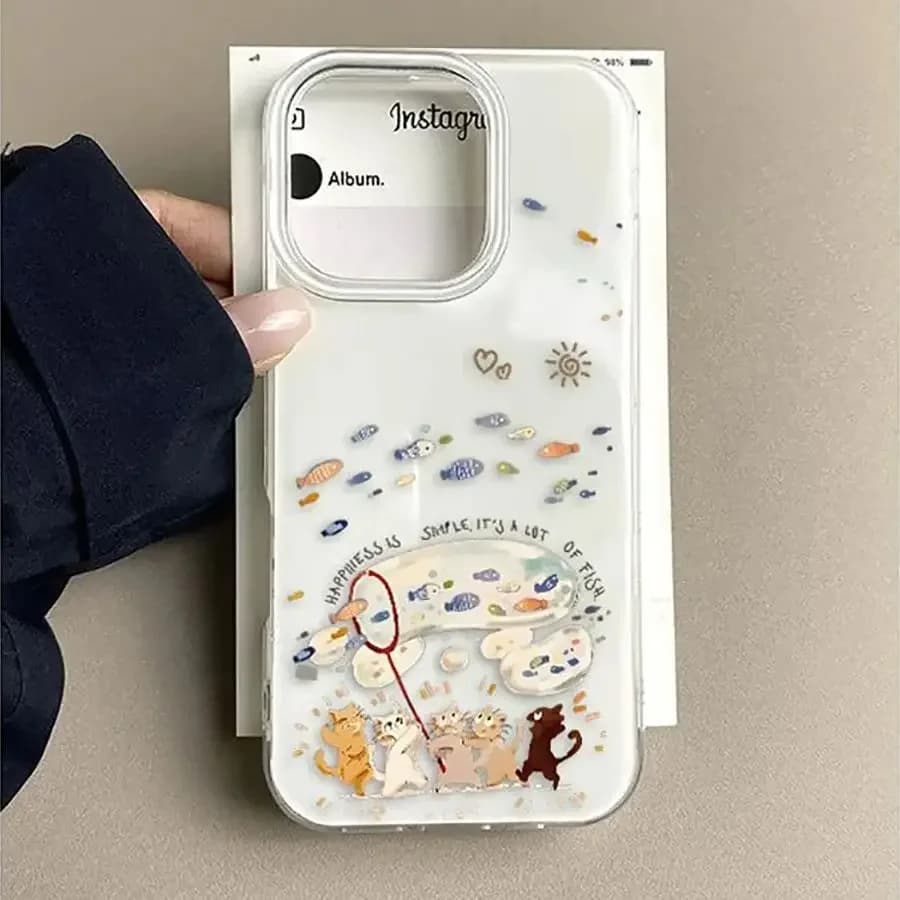 Phone Case Creative Fish Catching Cat Graffiti for iPhone 17 AIR 16 15 14 13 12 11 PRO MAX PLUS Dust Cover Dustproof