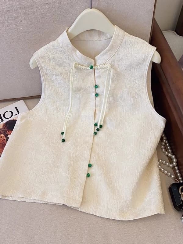 New Chinese Style Women's Jacket Vest 2026 Spring Autumn Retro Button Stand Collar Shoulder Pad Jacket Outerwear