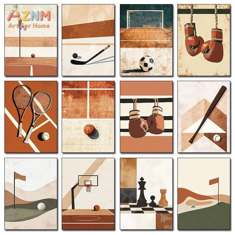 AZNM Retro Neutral Sports Canvas Wall Art Basketball Soccer Tennis Golf Boxing Hockey Chess Geometric Print Unframed Canvas Pain