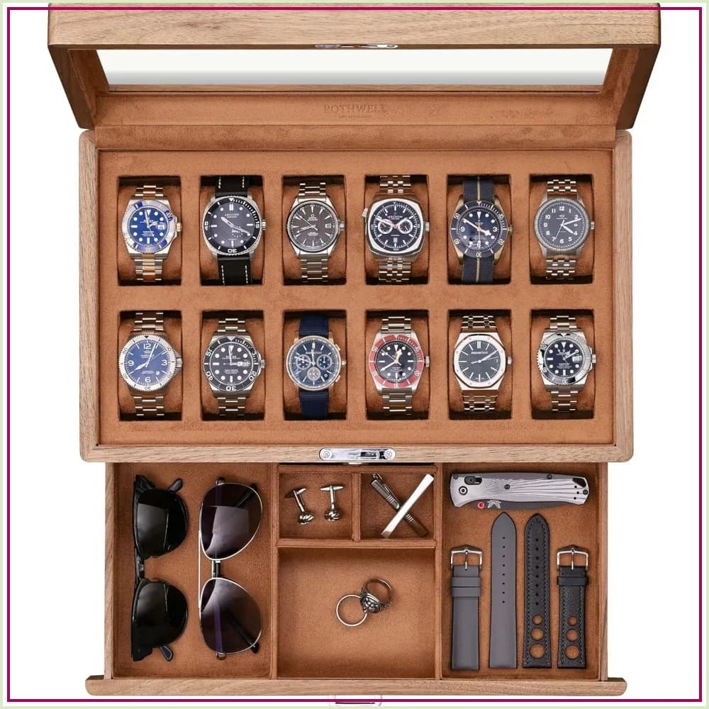 12-Slot Solid Walnut Watch Box with Valet Drawer - Premium Jewelry Display Case Organizer with Locking Glass Top and Microsuede Liner for Men & Women (Tan Interior)