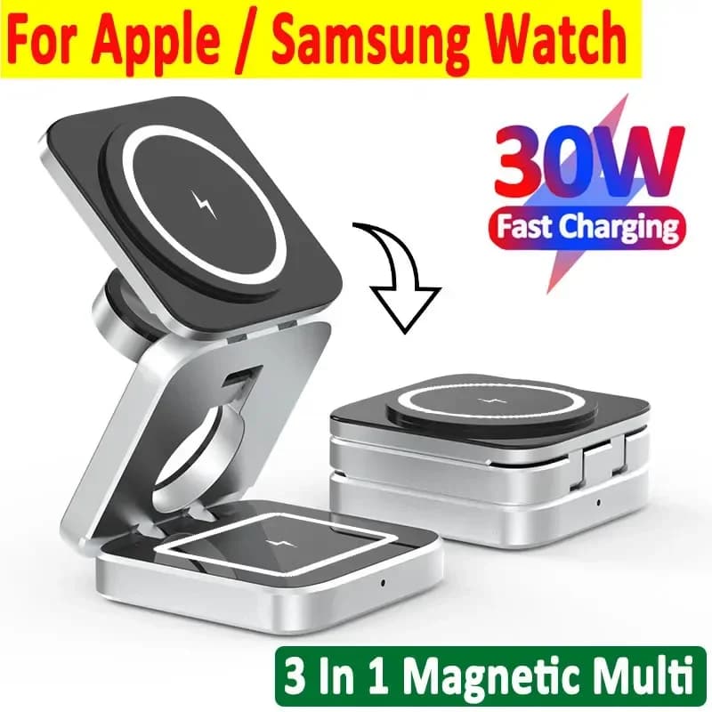 30 W Magnetic Wireless Charger Support for iPhone 16 15 14 13 12 Pro Max Airpods Samsung Watch 6 5 iWatch 8 7 Quick Charging Station