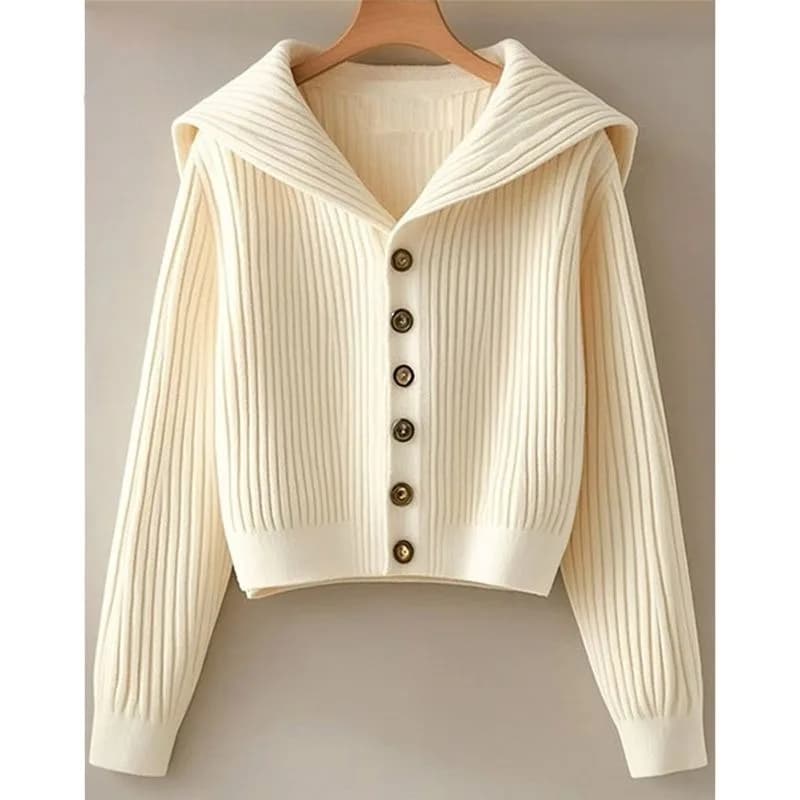 Maglione pigro da donna corto lavorato a maglia con collo blu scuro Nuovo cardigan elegante a maniche lunghe in cashmere corto allentato
