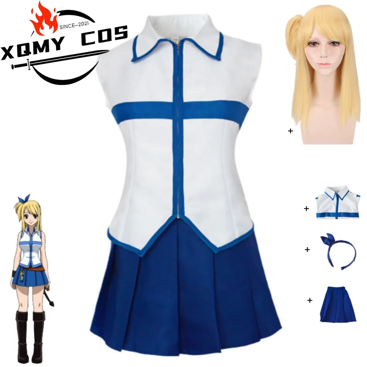 XqAnime FAIRY TAIL Lucy Heartfilia Costume Cosplay Slayers White Shirt Uniform skirt Hairdress Sexy Woman Carnival party dress