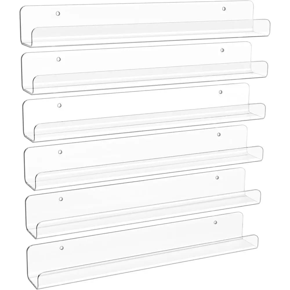 6 Pack Slim Clear Acrylic Wall Shelves, 12 x 1.7 for Nail Polish, Vinyl, Records, Magazines, Comics, and Photos