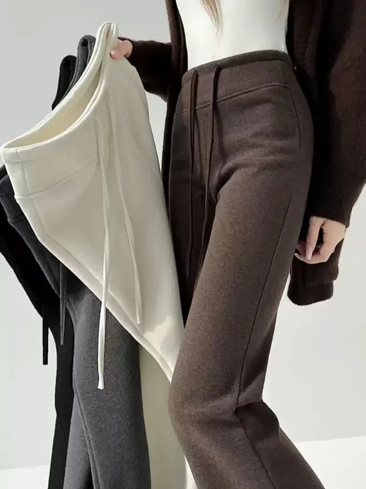 High Waist Pants with Fodera in Pile in Gamba Girl's Larga, New Winter Pants Waisted in Cashmere and Wool, Casual Model with Slip-On Belt