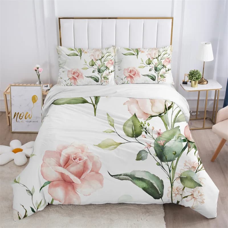 Set biancheria da letto bianca con fiori rustici Set copripiumino floreale con foglie di albero in microfibra Copripiumino con stampa 3D con federe Arredamento della camera