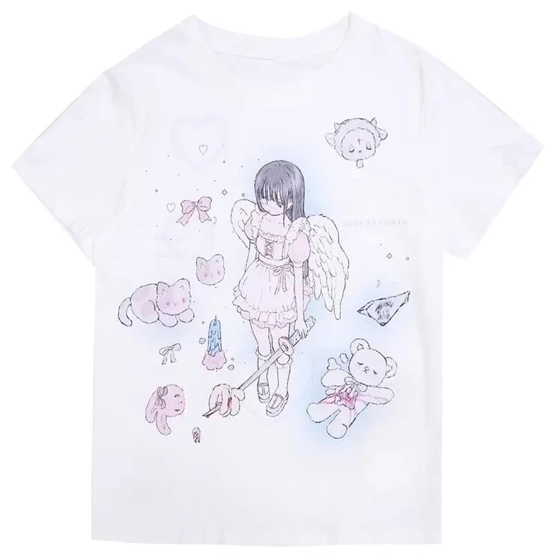T-shirt Larga a Maniche Corte con Stampa Anime, Bianca, Stile Harajuku Y2K, Top Casual Giapponese da Donna, Moda Estiva 2026