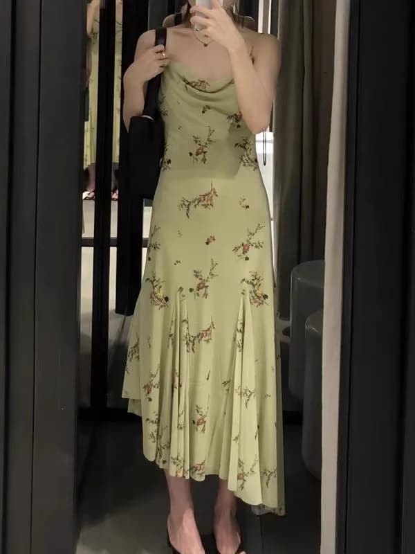 Nuovo Abito Estivo 2025 da Donna Verde Stampato Senza Maniche con Scollo all'Americana e Pieghe, Stile Vacanza, Collezione Primavera Estate