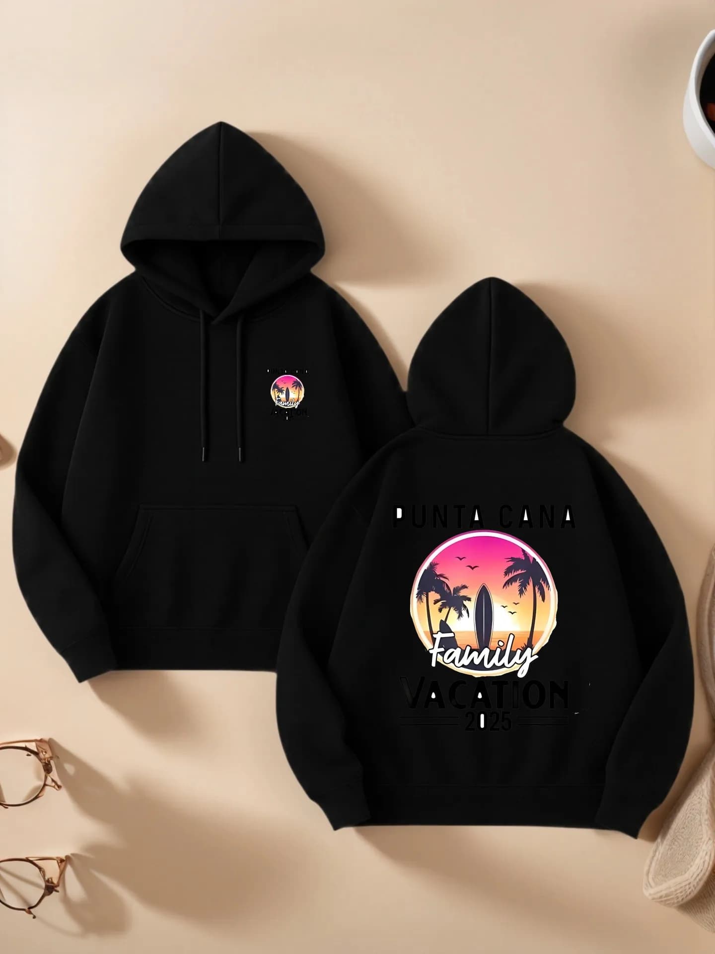 Felpa con cappuccio grafica da donna, punta Cana Family Vacation 2025 Stampa, design estetico casual, pile, completo da vacanza, per donna