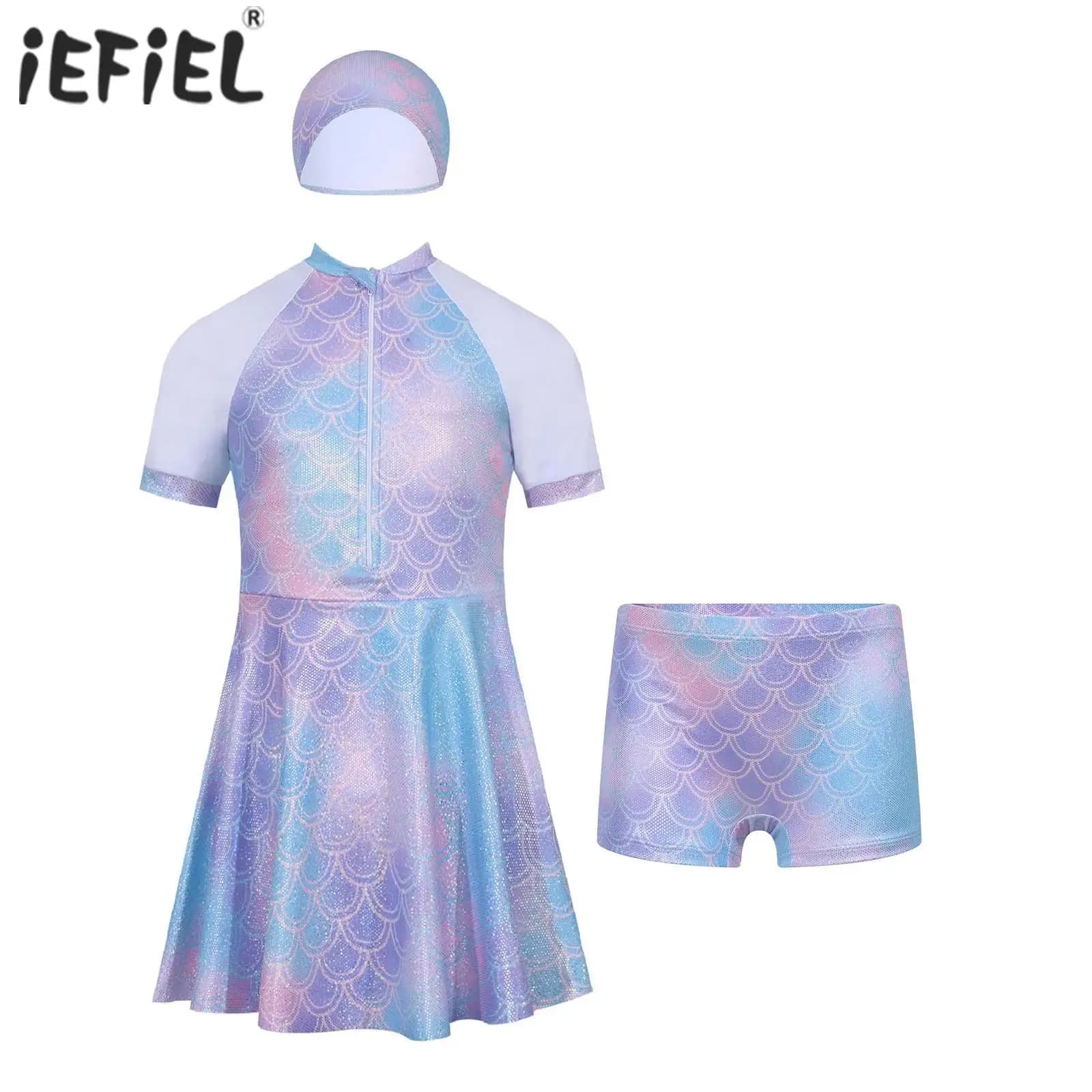 3 piece swimsuit for baby girl, printed swimsuit with metallic fish scales, short sleeve dress with shorts and bathroom headset