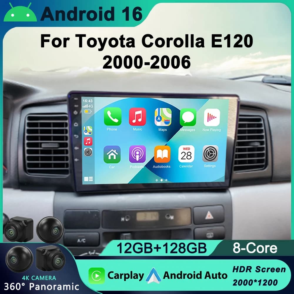 2 Din Android 16 Autoradio Lettore Multimediale di Navigazione GPS Per Toyota Corolla E130 E120 2000-2006 Carplay 2din Stereo